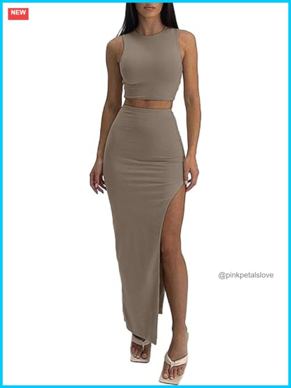 Sexy 2 Piece Maxi Skirt Set - Knit Bodycon Crop Top and High Slit Skirt